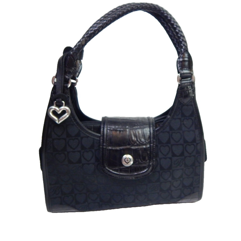 Brighton Jamie Shoulder Bag Heart Canvas Leather Trim Black Silver Small Hobo